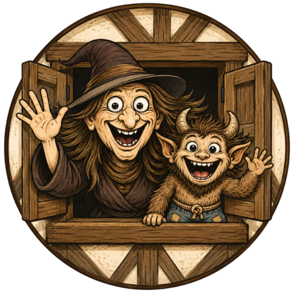 Logo der Hexenstube Wernigerode: Hexe und Wichtel winken aus einem Fachwerkfenster